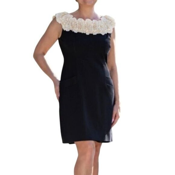 Gabby Skye Dresses & Skirts - Gabby Skye black cream ruffle embellished‎ neck shift dress 10 pockets